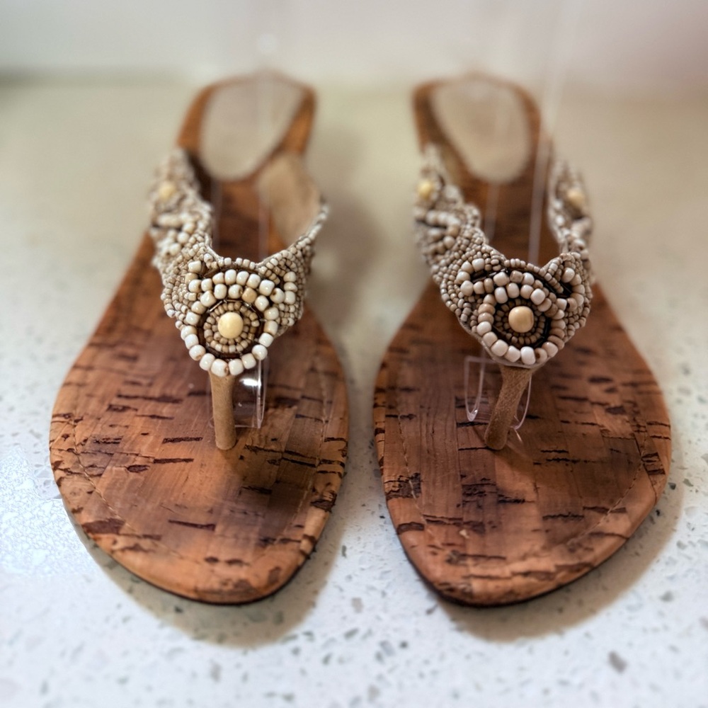 Beaded Tan Sandals Sz 8 Beach Coastal